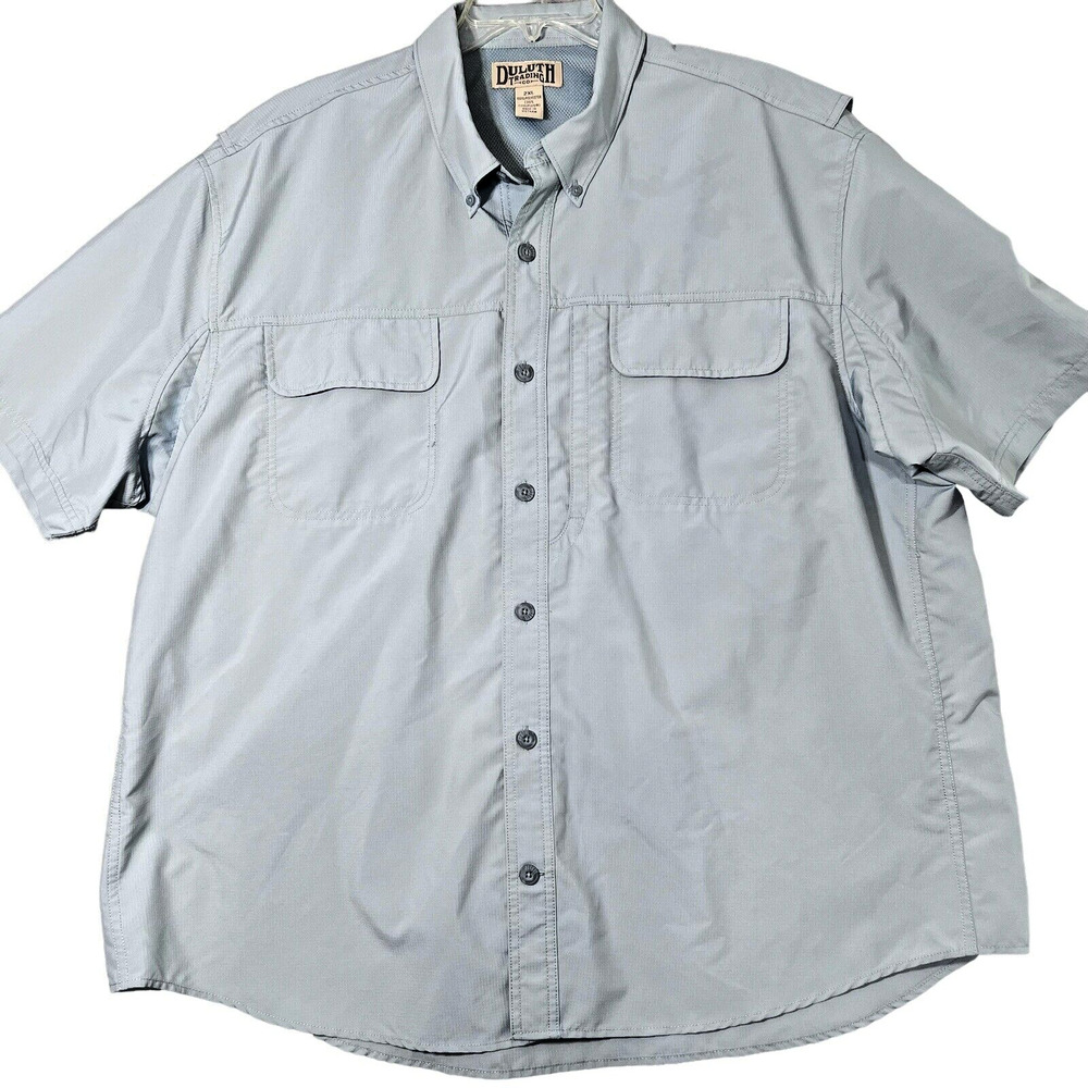 Duluth Trading Mens Fishing Shirt 2XL Vented Mesh Nylon Short Sleeve Blue